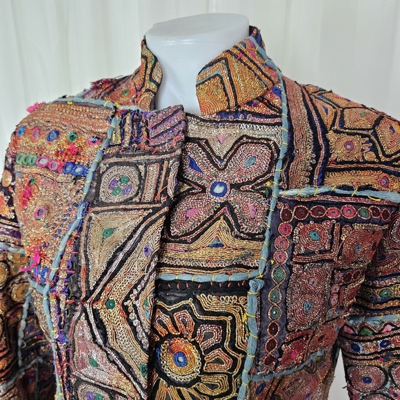 Vintage Unique Colorful Patchwork Jacket Intricate Embroidery Mandarin Collar - Picture 2 of 12